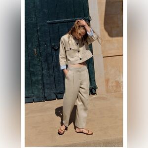 LINEN BLEND STRAIGHT PANTS LIGHT BEIGE. Size M